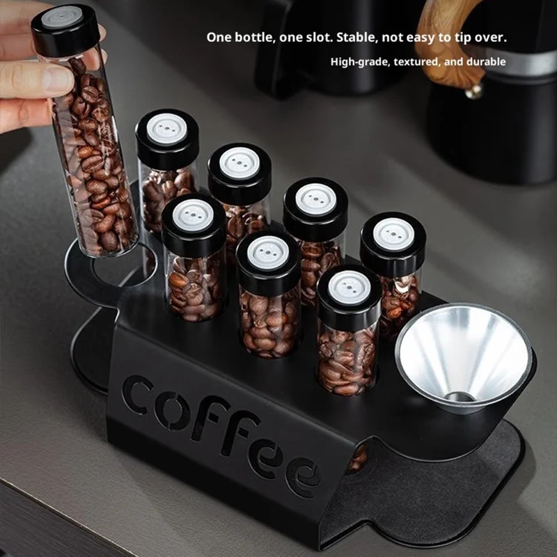 Набор банок для хранения кофейных зёрен с 8 бутылками / воронкой, прозрачные герметичные контейнеры - Черный