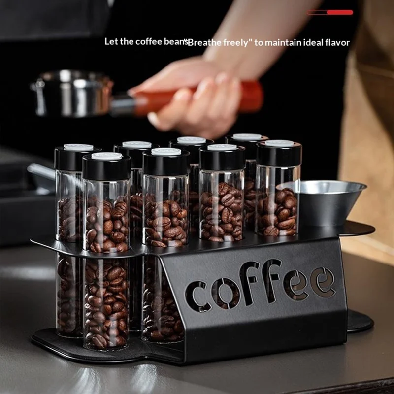 Набор банок для хранения кофейных зёрен с 8 бутылками / воронкой, прозрачные герметичные контейнеры - Черный