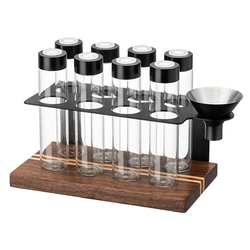 Juego de recipientes para almacenar café con 8 frascos de vidrio/funel, estante de exhibición con base de madera