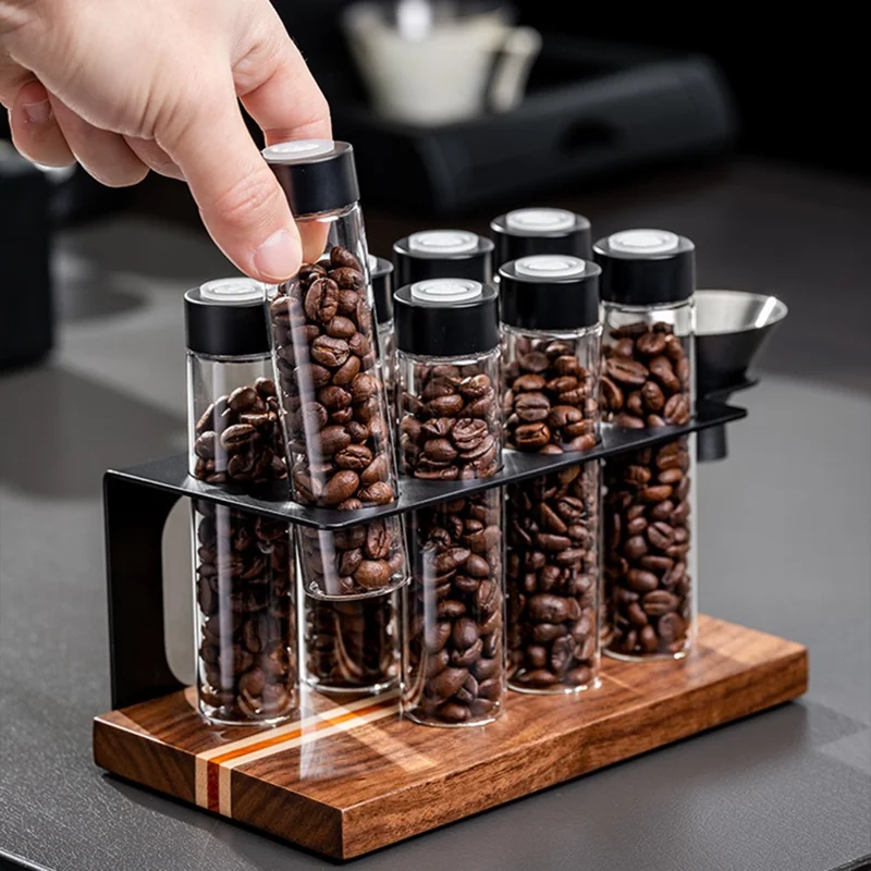 Juego de recipientes para almacenar café con 8 frascos de vidrio/funel, estante de exhibición con base de madera