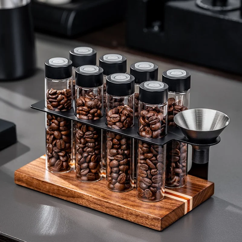 Juego de recipientes para almacenar café con 8 frascos de vidrio/funel, estante de exhibición con base de madera