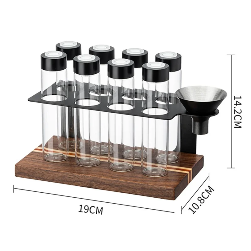 Juego de recipientes para almacenar café con 8 frascos de vidrio/funel, estante de exhibición con base de madera