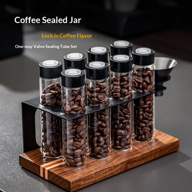 Juego de recipientes para almacenar café con 8 frascos de vidrio/funel, estante de exhibición con base de madera