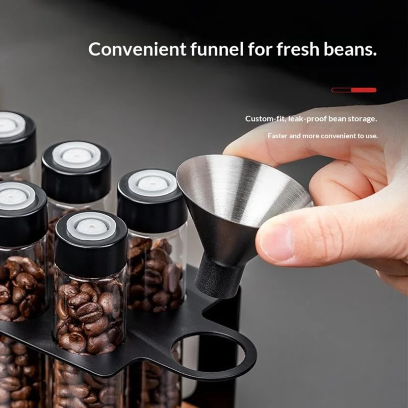 Juego de recipientes para almacenar café con 8 frascos de vidrio/funel, estante de exhibición con base de madera