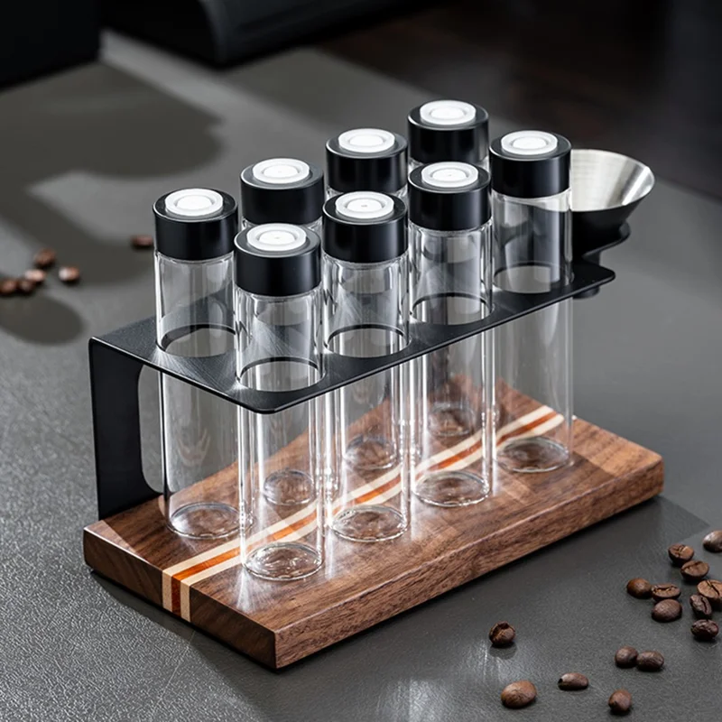 Juego de recipientes para almacenar café con 8 frascos de vidrio/funel, estante de exhibición con base de madera