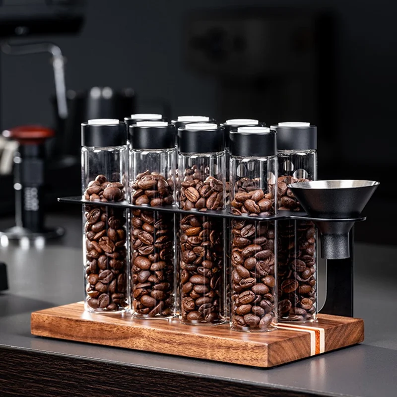 Juego de recipientes para almacenar café con 8 frascos de vidrio/funel, estante de exhibición con base de madera