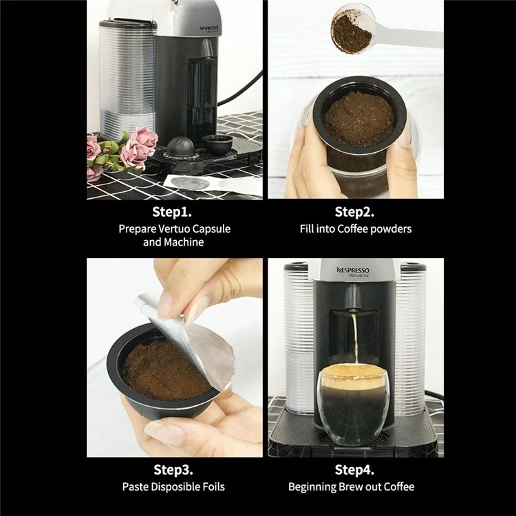 2 Pcs 230ML Réutilisable Capsule à Café Tasse BPA-free Sans Certification FDA Rechargeables Vertuo Pods avec Base en Hêtre + Cuillère + Brosse + 20 Pcs Feuille d'Aluminium pour Nespresso Vertuoline