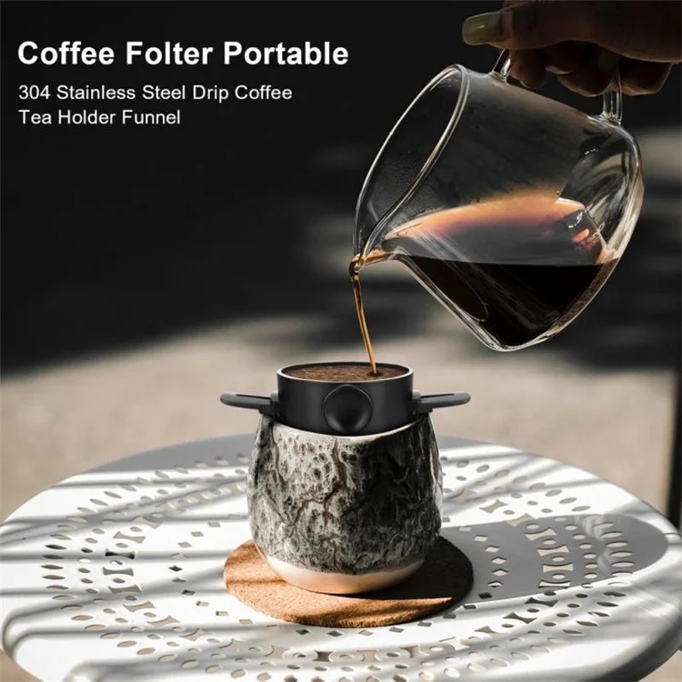 LB001T Edelstahl-Mesh-Kaffeefilter, papierlos, wiederverwertbarer Tropfkaffee-Zubereiter mit Tassenbasis (BPA-frei, keine FDA-Zertifizierung) - Schwarz