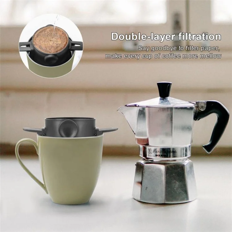 LB001T Edelstahl-Mesh-Kaffeefilter, papierlos, wiederverwertbarer Tropfkaffee-Zubereiter mit Tassenbasis (BPA-frei, keine FDA-Zertifizierung) - Schwarz