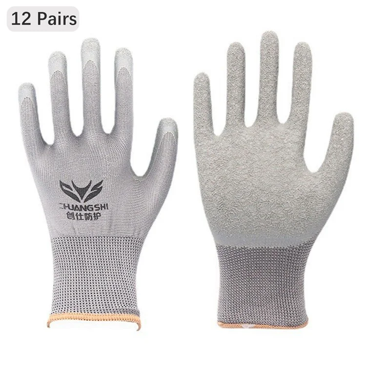 CHUANGSHI 12 Pairs Latex+Nylon Gloves Construction Site Labor Protection Gloves - Grey