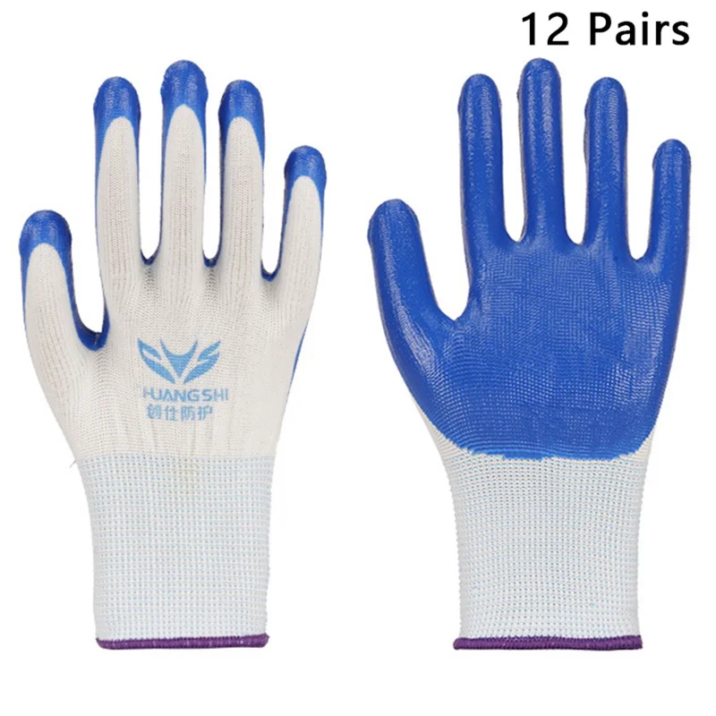 CHUANGSHI 12 Pairs NBR Work Gloves Anti-Slip Grip Builders Gloves - White+Blue