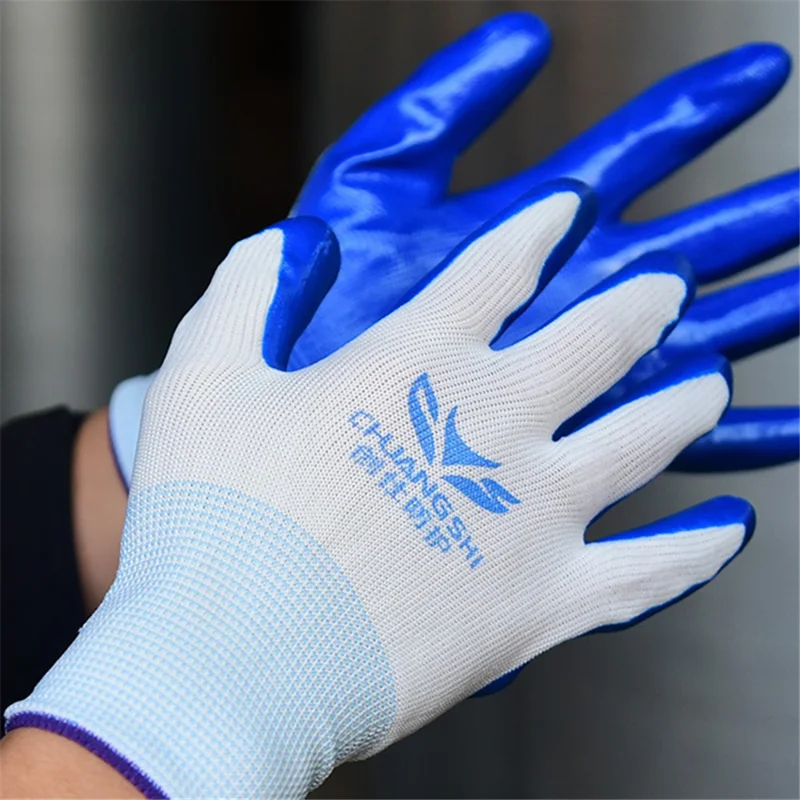 CHUANGSHI 12 Pairs NBR Work Gloves Anti-Slip Grip Builders Gloves - White+Blue