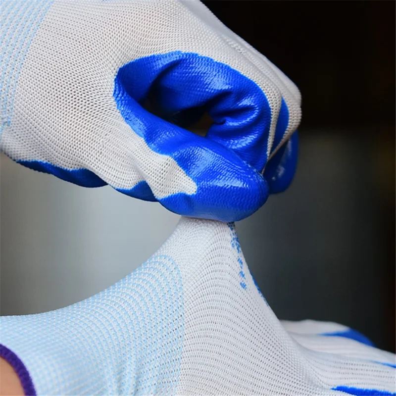 CHUANGSHI 12 Pairs NBR Work Gloves Anti-Slip Grip Builders Gloves - White+Blue