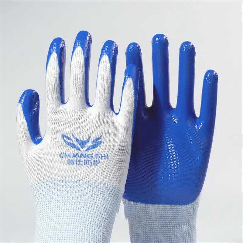 Chuangshi 12 Pares NBR Guantes de Trabajo Anti-Slip Grip Builders Guantes - Blanco+azul