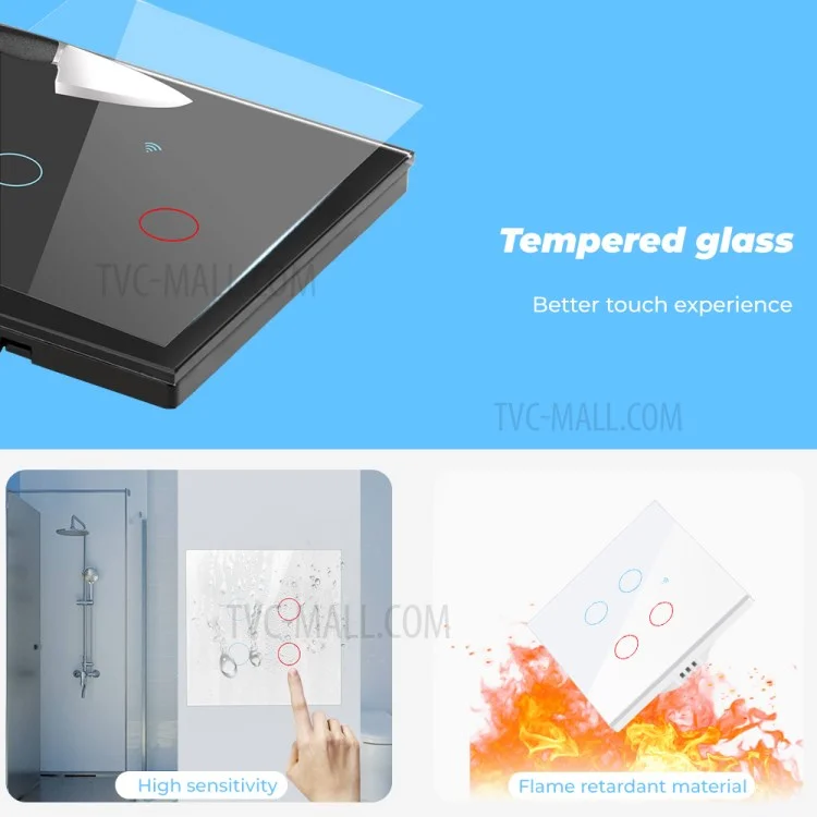 SMATRUL TMW403 EU Plug WiFi+433MHZ Interrupteur mural intelligent à commande tactile avec minuterie et compte à rebours pour Alexa Google Home, 4 prises WiFi - Noir