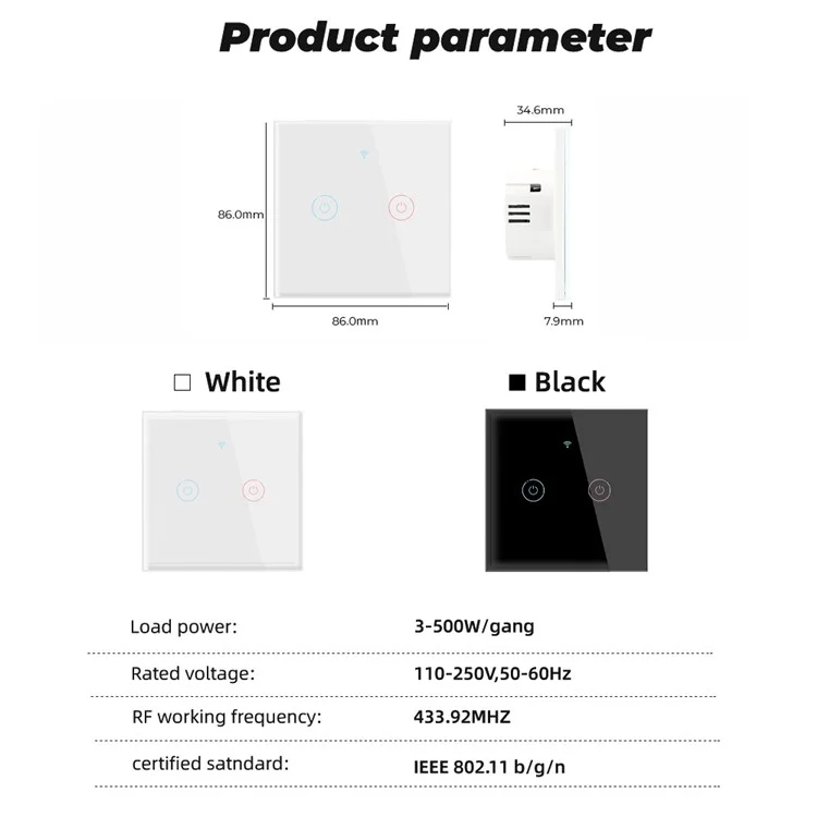 Smatrul TMW401 Tuya WiFi 433mhz Plug de Parede de Toque Sem Fio EU Interruptor Para o Google Home Alexa, 2 wi -fi de Gangue - Branco