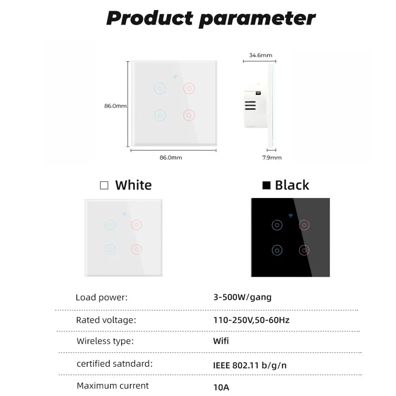 SMATRUL TMW-01 Tuya WiFi Smart Touch Light Switch Wall Remote Control for Alexa Google Home EU Plug, 4 Gang WiFi - White