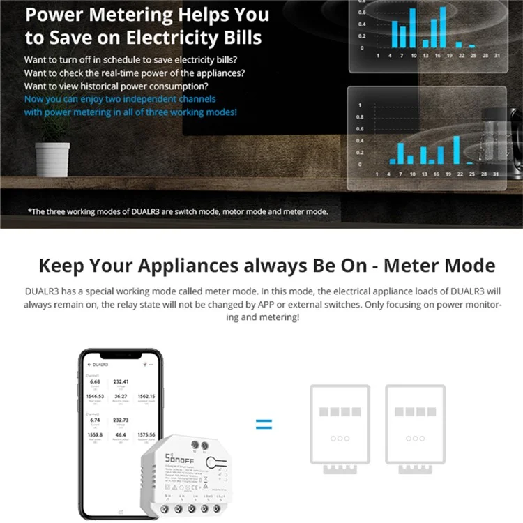 SONOFF DUALR3 Interruptor Inteligente WiFi de 2 Circuitos Módulo de Disjuntor de 2 Vias com Medidor de Energia Controle Remoto 