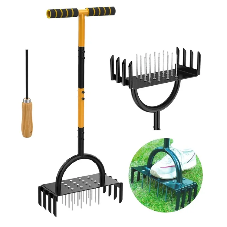 Aérateur de pelouse 2 en 1 avec 16 pointes en fer et 8 carottes, outil manuel de décompactage et d'aération du sol pour jardin