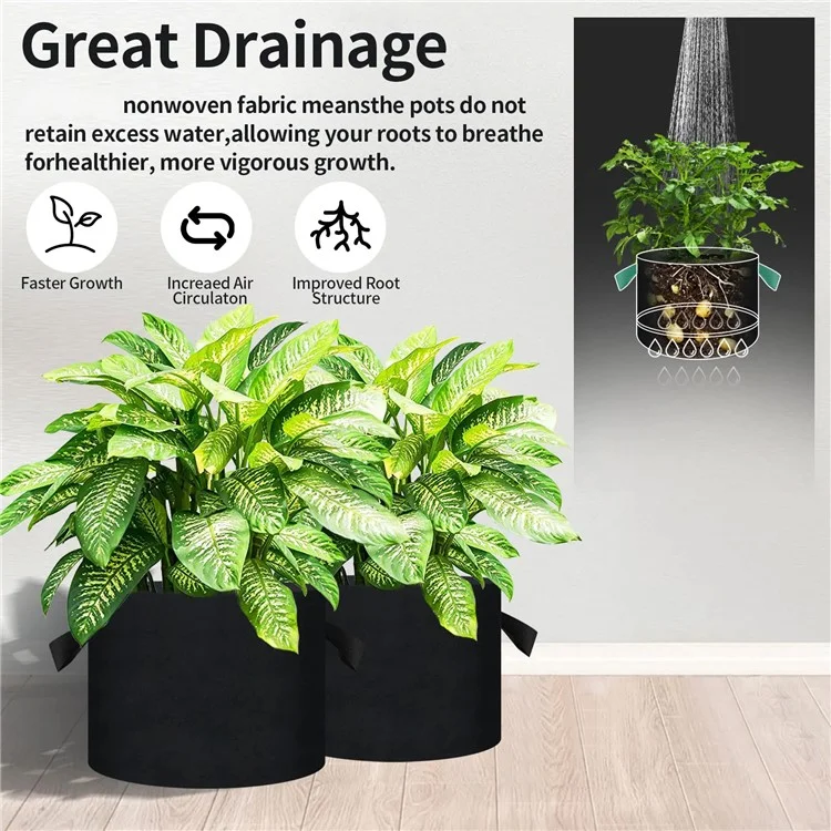 10 Peças de Sacos de Plantio de Feltro para Interiores e Exteriores de 40x30cm, Recipientes de Cultivo de 10 Galões com Alças Duplas - Preto