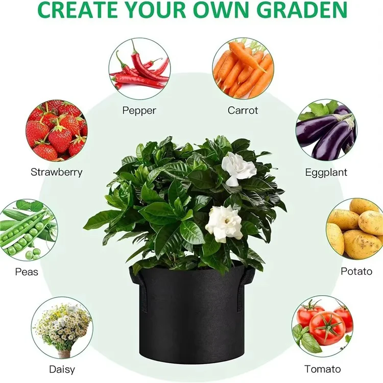 10 Peças de Sacos de Plantio de Feltro para Interiores e Exteriores de 40x30cm, Recipientes de Cultivo de 10 Galões com Alças Duplas - Preto