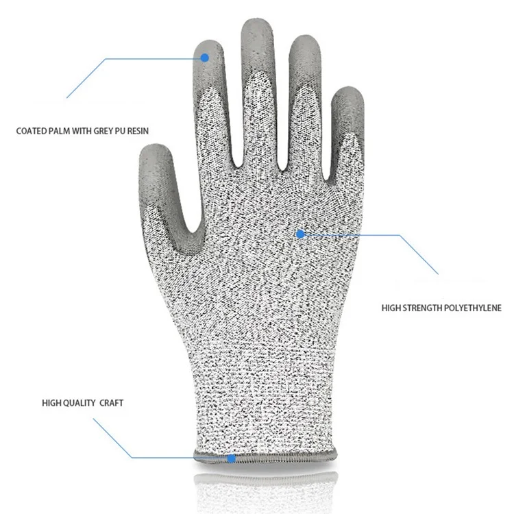 MH-F124 1 Pair PU Coated HPPE 5-Level Cut-Resistant Gloves Industry Hand Protection Full-finger Gloves