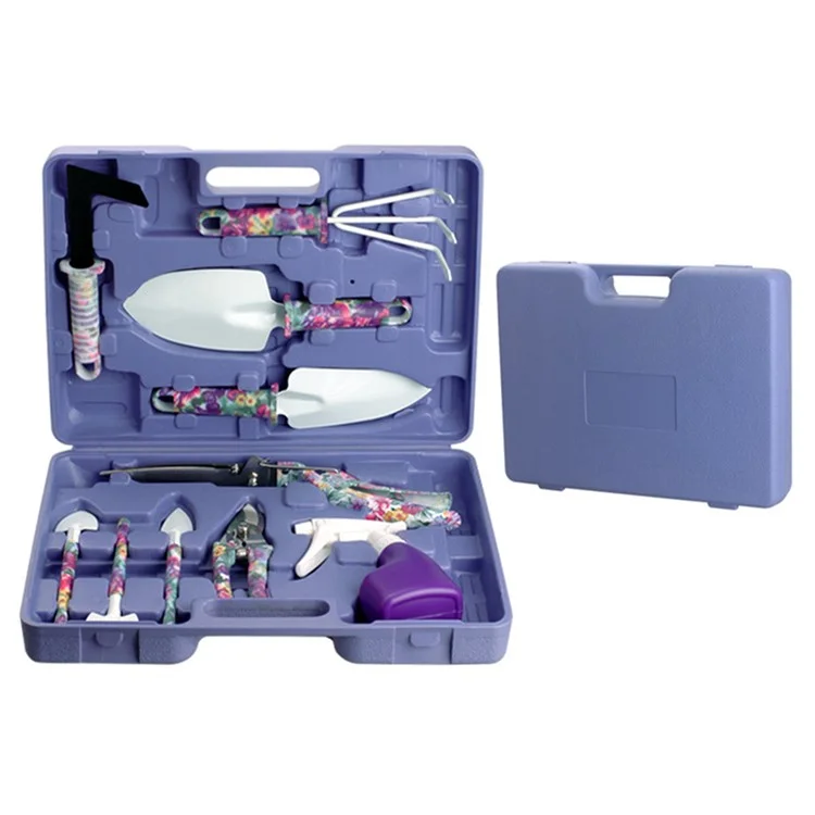 JC-1010 Ensemble de 10 outils de jardinage de style - Pelle, sécateur, arrosoir - Violet
