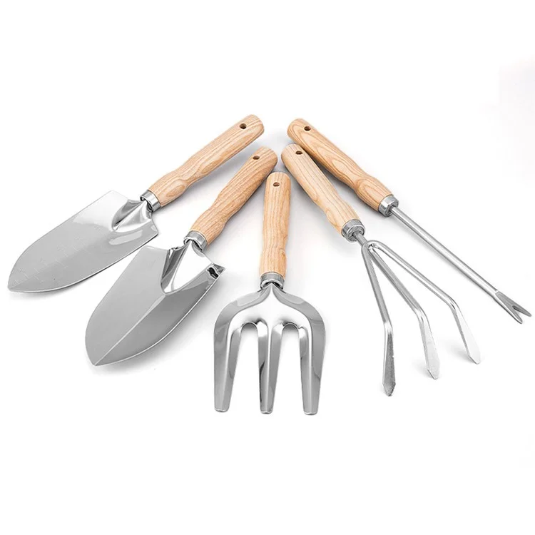 Ensemble de 5 outils de jardinage en acier inoxydable avec manche en bois - Fourche, pelle, râteau