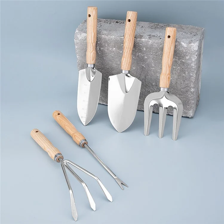 Ensemble de 5 outils de jardinage en acier inoxydable avec manche en bois - Fourche, pelle, râteau