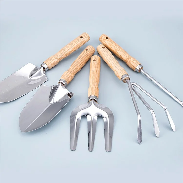 Ensemble de 5 outils de jardinage en acier inoxydable avec manche en bois - Fourche, pelle, râteau