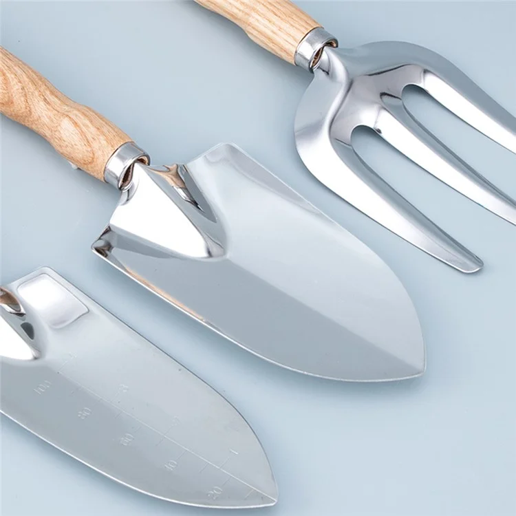 Ensemble de 5 outils de jardinage en acier inoxydable avec manche en bois - Fourche, pelle, râteau