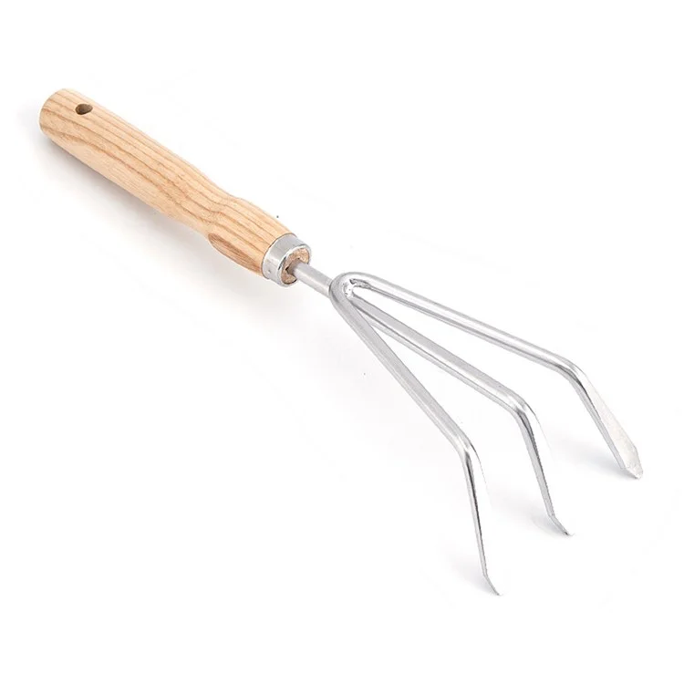 Ensemble de 5 outils de jardinage en acier inoxydable avec manche en bois - Fourche, pelle, râteau