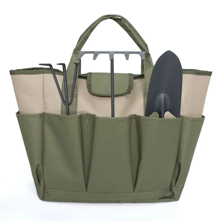 Sac à main pour outils de jardin en toile Oxford 9 poches - Vert armée + Kaki