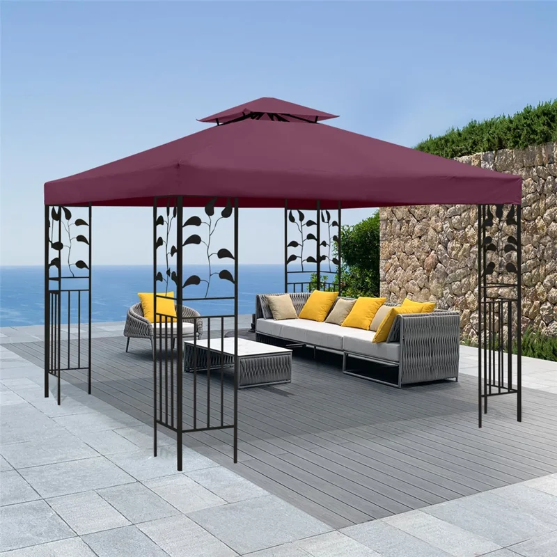 300 x 300cm Outdoor Gazebo Canopy 300D Polyester Waterproof Double Tier Sun Shade Tent - Wine Red