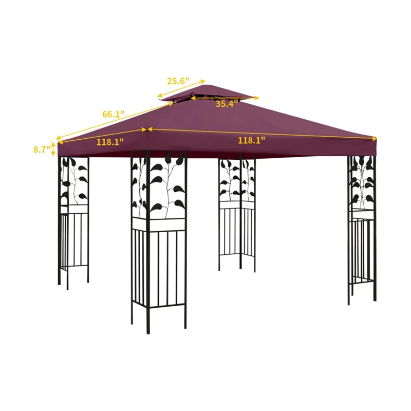 300 x 300cm Outdoor Gazebo Canopy 300D Polyester Waterproof Double Tier Sun Shade Tent - Wine Red