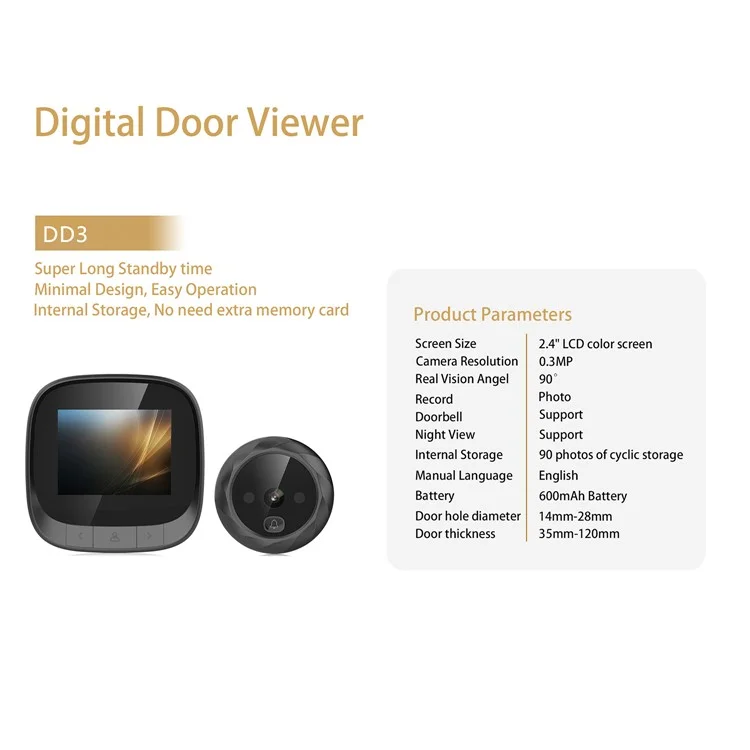 Intelligent DD3 Wireless Doorbell Waterproof Door Bell Chime Kit 2.4 inch HD Cat Eye Monitor - Black
