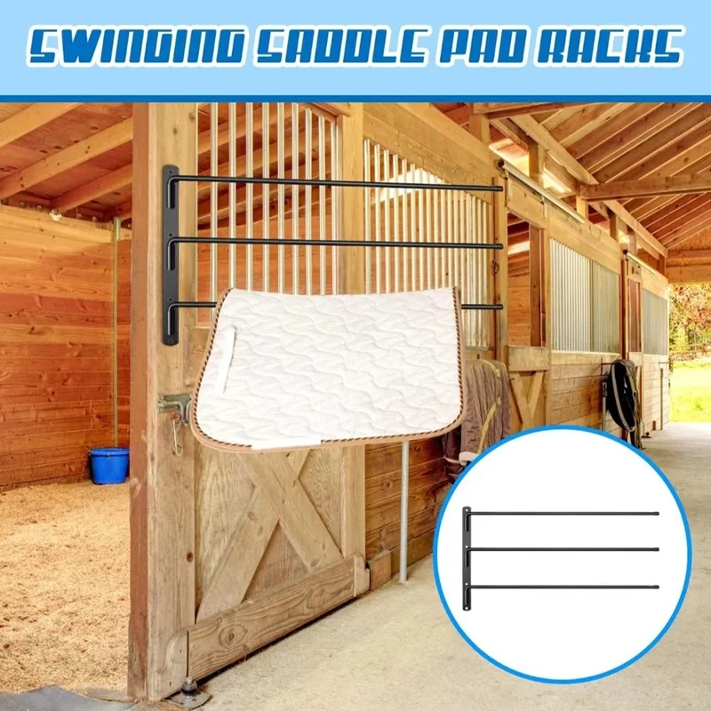 Wall Mounted Horse Saddle Pad Rack with 3 Bars Barn Tack Swinging Blanket Holder Stand