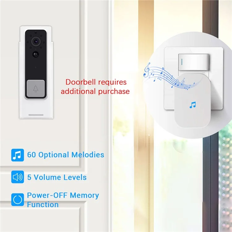433MHz Plug-in Chime Wireless Video Doorbell Einstellbare Lautstärke Melodieauswahl Ding-Dong Türklingel - Weiß US-Stecker