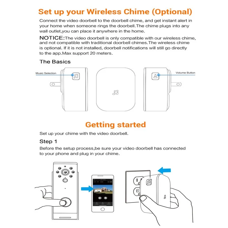 433MHz Plug-in Chime Wireless Video Doorbell Einstellbare Lautstärke Melodieauswahl Ding-Dong Türklingel - Weiß US-Stecker