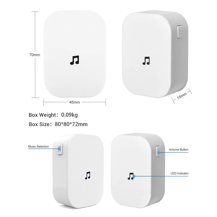 433MHz Plug-in Chime Wireless Video Doorbell Einstellbare Lautstärke Melodieauswahl Ding-Dong Türklingel - Weiß US-Stecker