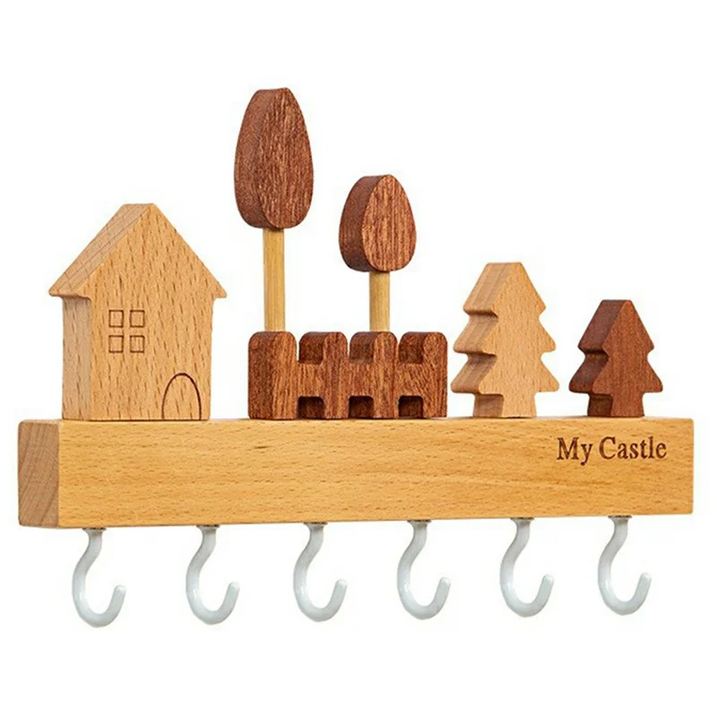 Rustic Wooden Key Hanger with 6 Hooks Wall Mounted Home Entryway Organizer - White