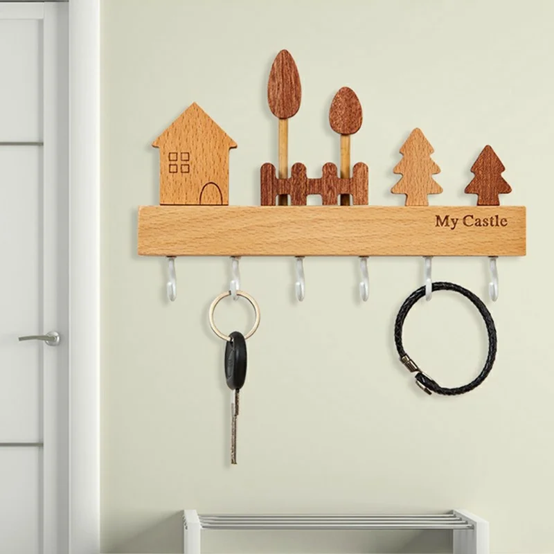 Rustic Wooden Key Hanger with 6 Hooks Wall Mounted Home Entryway Organizer - White