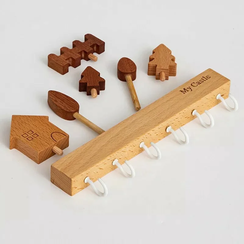 Rustic Wooden Key Hanger with 6 Hooks Wall Mounted Home Entryway Organizer - White