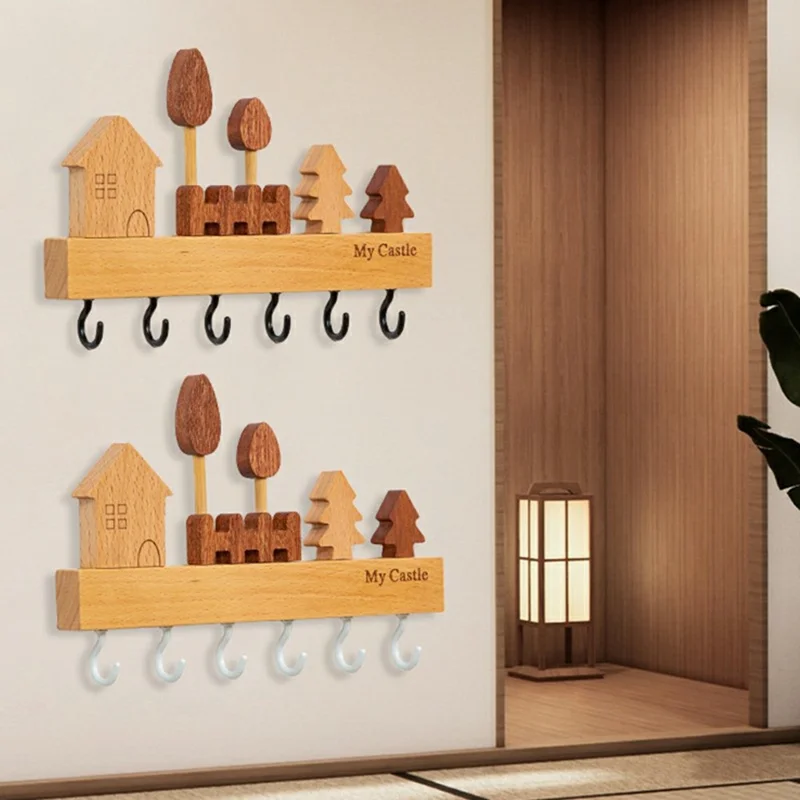 Rustic Wooden Key Hanger with 6 Hooks Wall Mounted Home Entryway Organizer - White