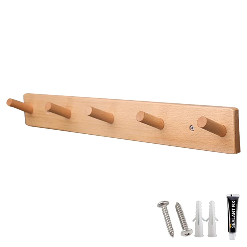 5-hook Solid Beech Wood Wall Hanger Keychain Coat Hook Rack Home Decoration (ST) - Wood Color