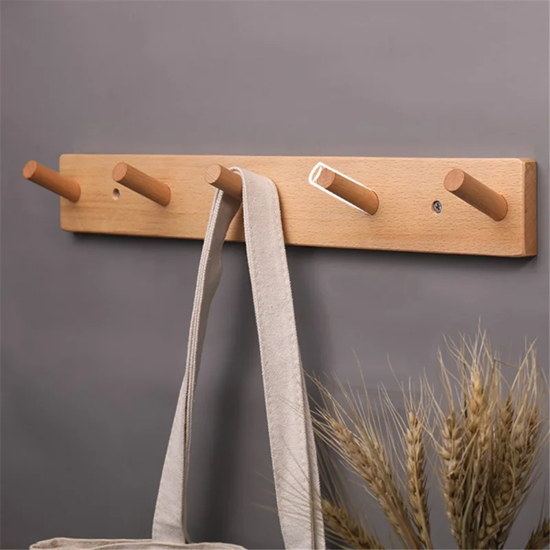 5-hook Solid Beech Wood Wall Hanger Keychain Coat Hook Rack Home Decoration (ST) - Wood Color