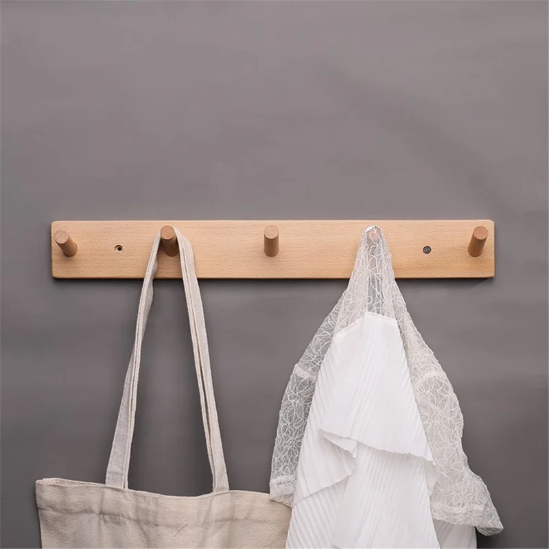5-hook Solid Beech Wood Wall Hanger Keychain Coat Hook Rack Home Decoration (ST) - Wood Color