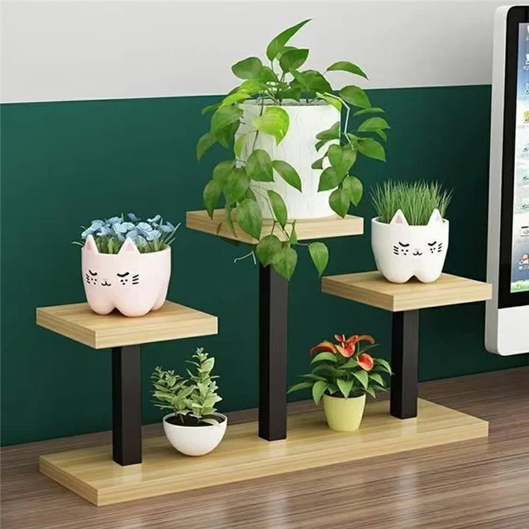 Bedroom Window Sill Plant Stand 4 Tier Square Metal Flower Rack For Succulents Storage Shelf - Black  /  Light Walnut