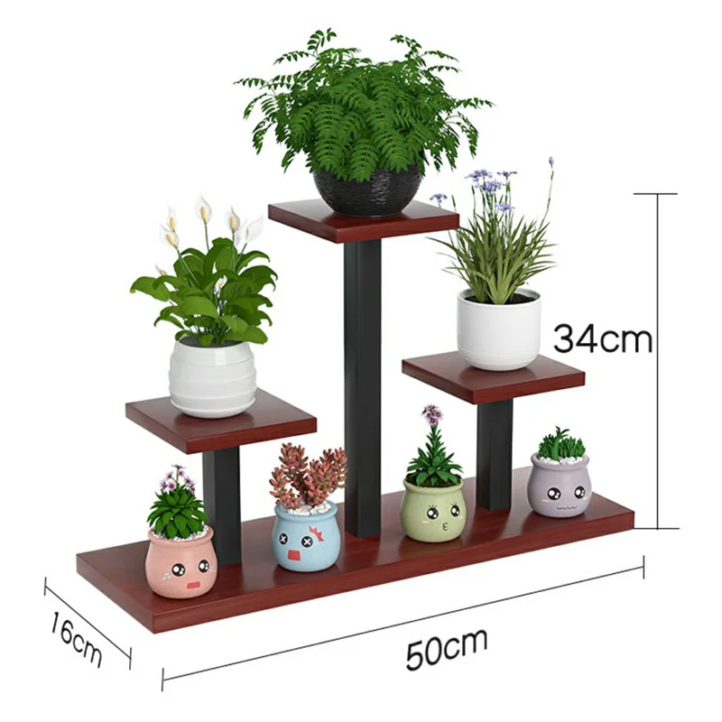 Bedroom Window Sill Plant Stand 4 Tier Square Metal Flower Rack For Succulents Storage Shelf - Black  /  Teak Grain