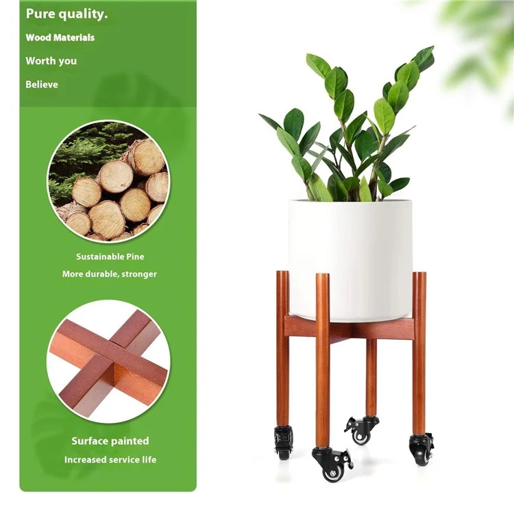 Soporte para Plantas de Madera con Ruedas, Macetero Móvil para Interior y Exterior - Marrón Rojizo